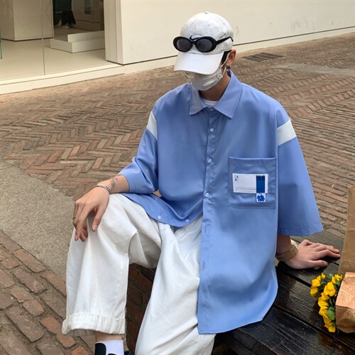 【2025春夏】拼接CITYBOY风中性休闲夏季宽松五分袖男短袖衬衫，男装T恤，星座112A