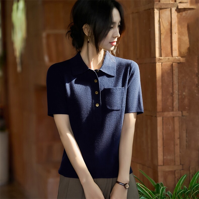 法式polo领精纺毛针织短袖T恤女2025新半袖打底翻领小衫打底上衣,针织衫/毛衣,暖烁羊绒