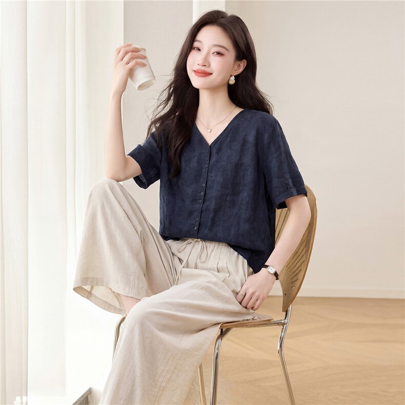 大量现货。2026夏装新款苎麻上衣阔腿裤两件套套装女,女装套装/套裙,依万里