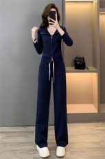 休闲运动套装女秋季新款双头拉链开衫卫衣抽绳阔腿长裤显瘦两件套，女装套装/套裙，2C310