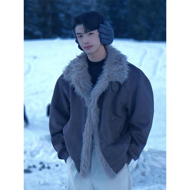 现货重磅硬挺boxy羽绒棉衣座山雕大毛毛领洗水麂皮棉服冬外套，男装棉衣，电商A486-1