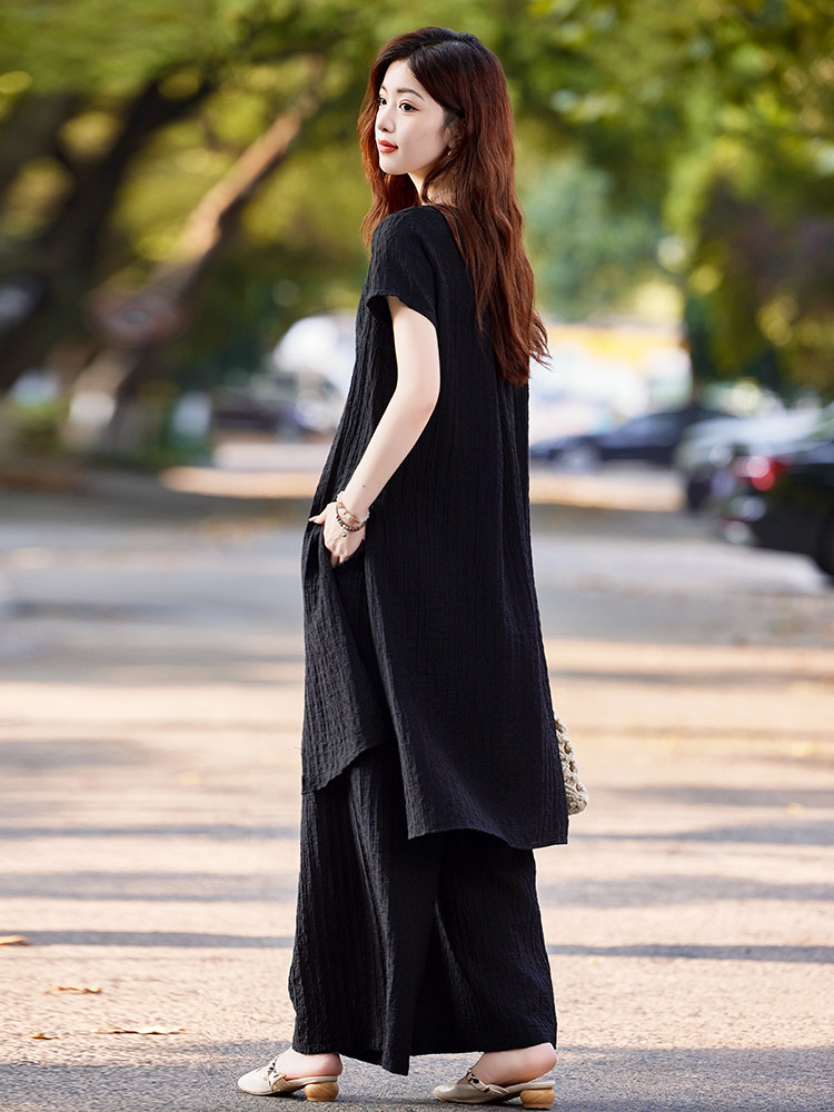 (加码到XXXXL)天丝套装女2026夏季新款宽松时尚遮肉阔腿裤两件套,女装套装/套裙,水衣源