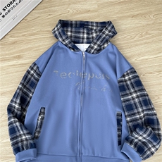 原创美式格纹拼接做旧连帽衫卫衣男女秋季街头宽松休闲开衫外套，女装短外套，星座506A