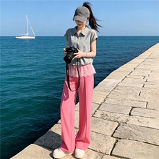 慵懒风时尚洋气套装女夏季新款蕾丝拼接短袖上衣阔腿裤两件套显瘦，女装套装/套裙，江南