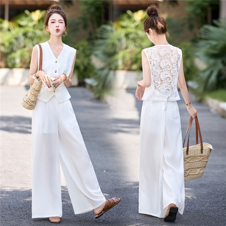 2025夏新款天丝亚麻气质木耳边拼接蕾丝马甲阔腿裤两件套套装，女装套装/套裙，瑶迪依秀