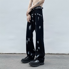 B221美式ins高街小众情侣款喷墨微喇牛仔裤LK22080-P60控78，男装牛仔裤，电商B221