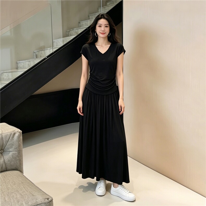 时尚气质套装裙女夏新款圆领褶皱设计感短袖上衣半身长裙两件套潮图片