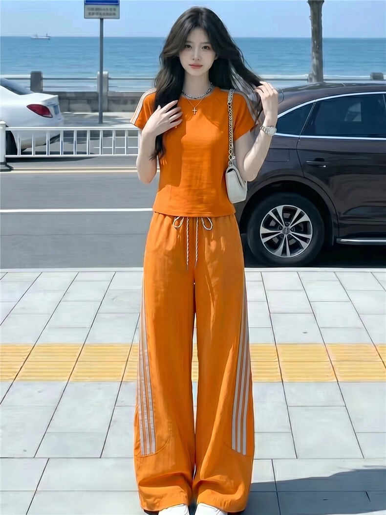 港风炸街休闲运动套装女夏洋气显瘦修身圆领短袖上衣长裤两件套潮,女装套装/套裙,江南
