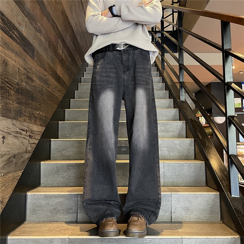 复古宽松阔腿半松紧牛仔裤高街设计春秋新款高腰显瘦拖地裤,男装牛仔裤,星座302A-2