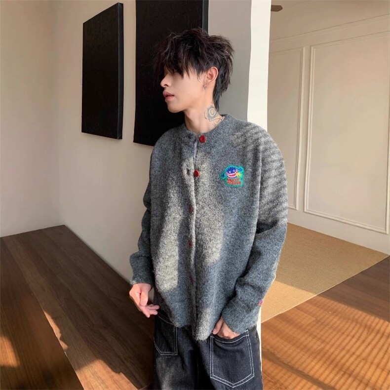 早秋穿搭撞色纽扣搞怪卡通刺绣圆领长袖针织开衫毛衣外套MY67，男装针织衫/毛衣，星座1116A（原606A-3）