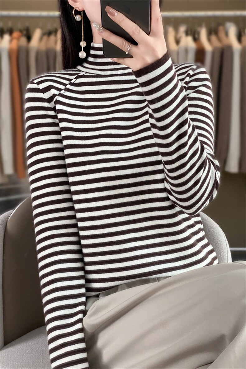 条纹撞色半高领毛衣女咖色显瘦亲肤长袖2025秋冬新款针织打底衫,针织衫/毛衣,暖姿羊绒