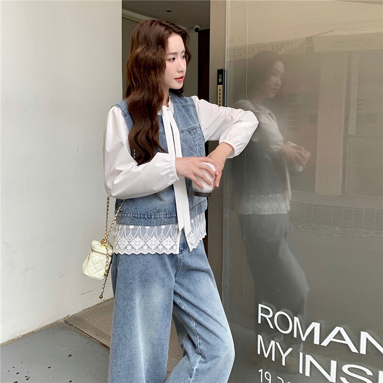 韩版蕾丝拼接牛仔马甲套装女2025春秋季新款显瘦T恤阔腿裤三件套,女装套装/套裙,2C307