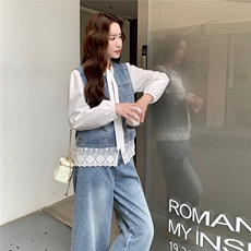 韩版蕾丝拼接牛仔马甲套装女2025春秋季新款显瘦T恤阔腿裤三件套，女装套装/套裙，2C307