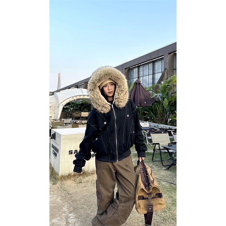 现货重磅boxy短款棉衣座山雕大毛毛领男女棉服水洗工装厚外套，男装棉衣，电商A486