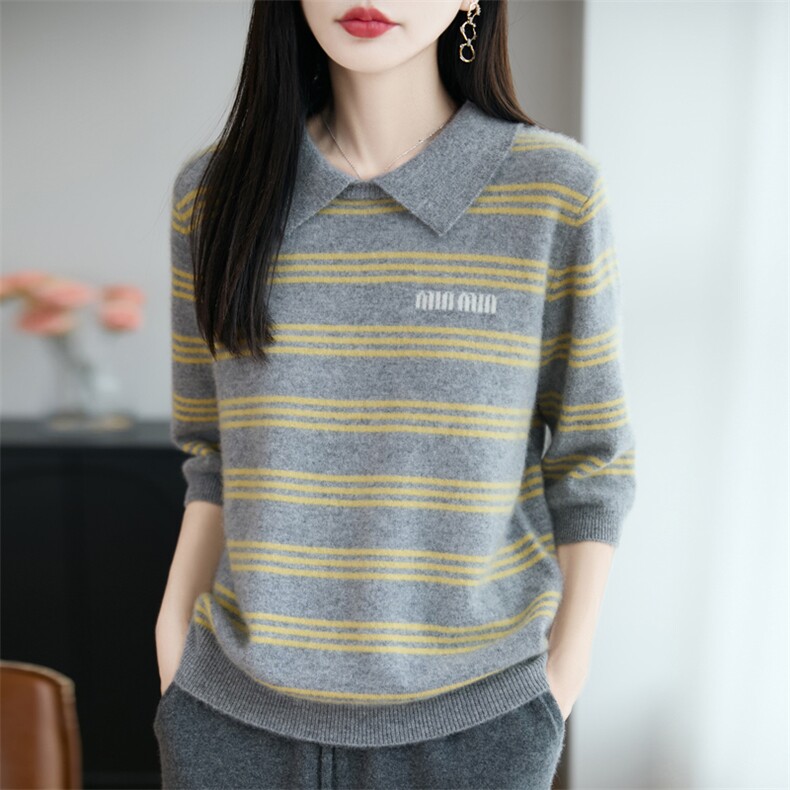 法式复古条纹POLO领针织打底毛衣女2025新款精纺细毛长袖保暖毛衫,女装羊毛衫,大美人包芯纱店