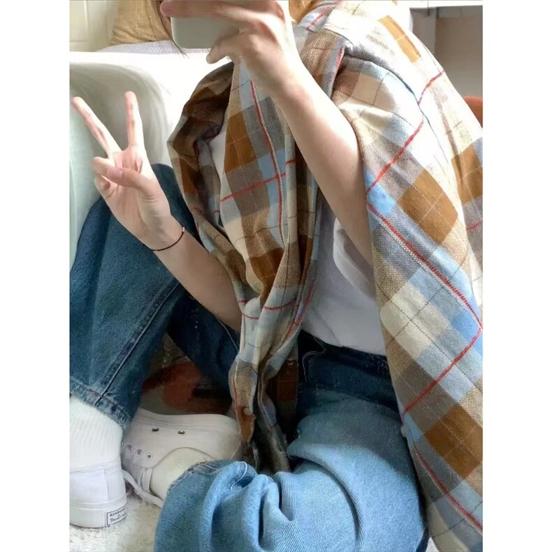 新款日系复古格子长袖衬衫女宽松设计感别致漂亮洋气衬衣CSA100,男装衬衫,星座208-5