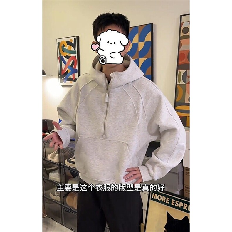 抖音特批P65无差价cleanfit重磅连帽半拉链大口袋卫衣男W5083,男装卫衣,电商A001-1