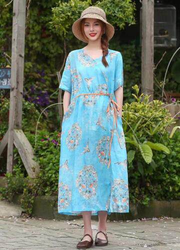 现货2021春夏新款民族风苎麻印花沙滩连衣裙，女装连衣裙，美诗欧 Missorly