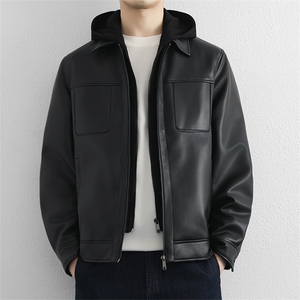 高端商务假两件皮衣羽绒服男士连帽秋冬加厚保暖黑色皮夹克图片
