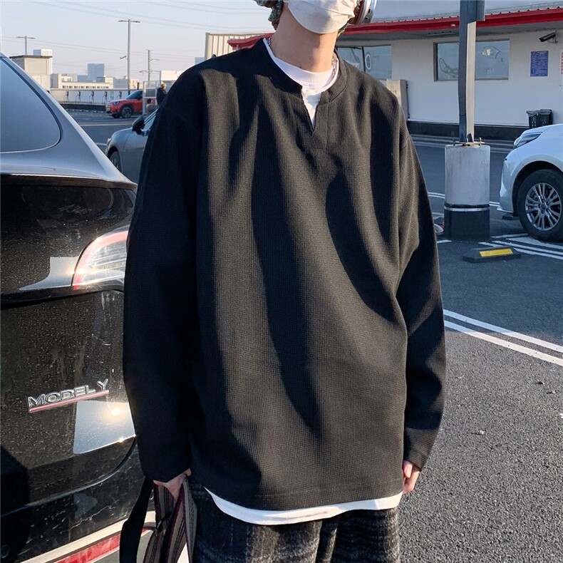 2026春夏大码假两件华夫格长袖T恤男宽松上衣W56683/特P20黑色,男装T恤,电商A094