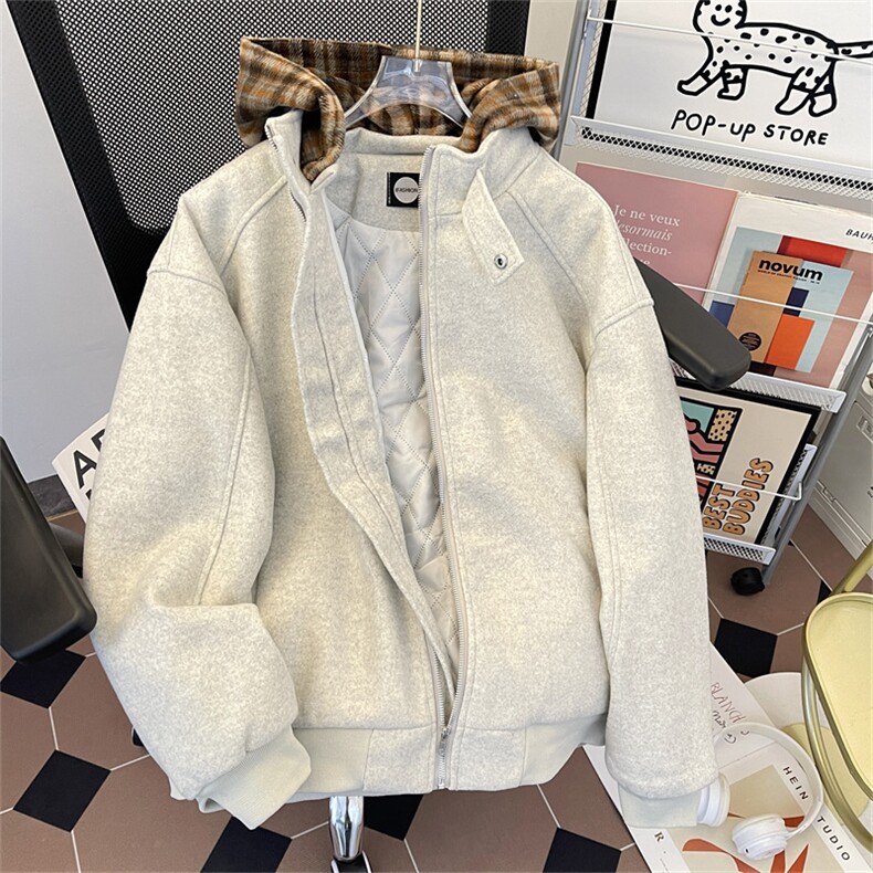 加绒加厚冬款男连帽棉衣毛呢条纹格子夹棉棉袄卫衣外套MA6P95,男装棉衣,星座1013-1
