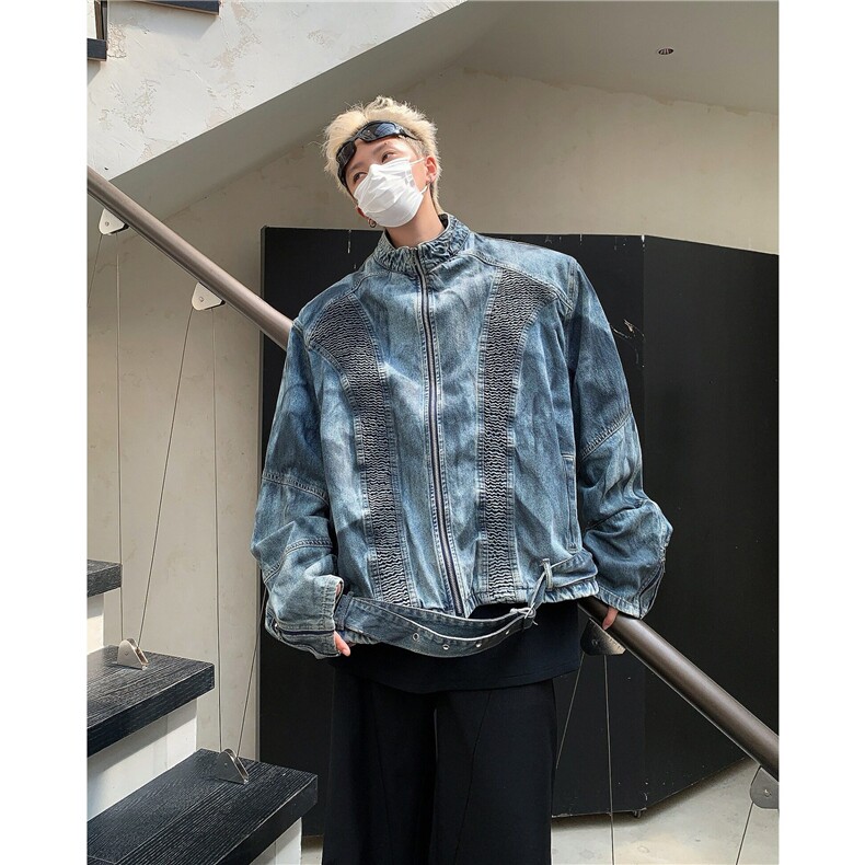 春秋立领水洗做旧拉链有垫肩送腰带夹克男下摆腰带外套JK8955，男装夹克，星座1116A-1（原606A）