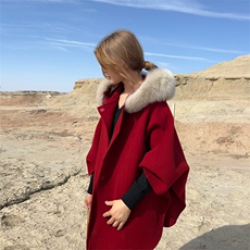 魔女斗篷！奢华狐狸毛领双面纯羊毛大衣女气质秋冬高端羊绒呢外套，女装双面呢大衣，蒙绒特