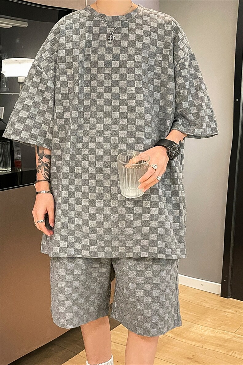 TZ84647/P60夏季新款格子短袖短裤t恤休闲宽松大码两件套套装男,男装休闲套装,电商A141