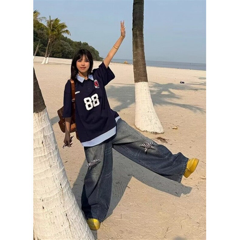 复古高腰弯刀牛仔裤女春秋款星星贴布宽松显瘦阔腿裤子N6077,男装牛仔裤,星座1116A（原606A-3）