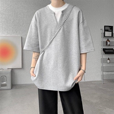 抖音得物高品质版本二开240克宽松纯棉美式高街痞帅假两件短袖T恤，男装T恤，电商A486-1