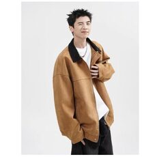 风撞色翻领工装夹克男春季美式复古麂皮绒外套设计感宽松上衣，男装夹克，星座506A