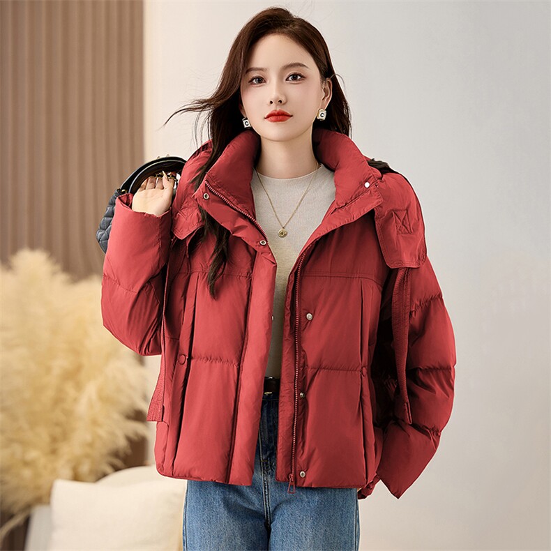 连帽飘带短款羽绒服女2024冬季新款加厚小个子90白鸭绒面包服外套,女装羽绒服,衣之秀