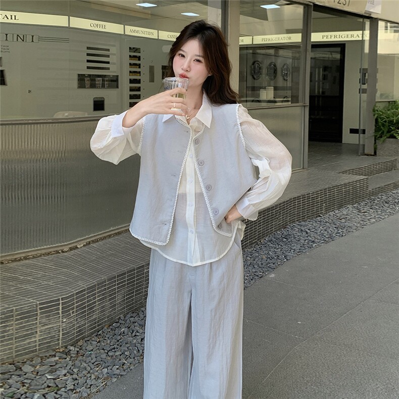夏季阔腿裤衬衫马甲时尚三件套女,女装套装/套裙,浙宝069