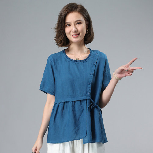 2021夏季新款花边领圆领抽绳衬衫时尚宽松显瘦短袖上衣,女装衬衫,叶笙衣