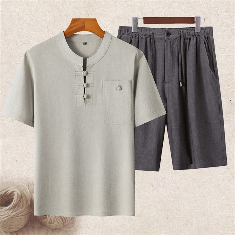 中老年风亚麻盘扣复古短袖T恤短裤套装唐装中年棉麻上衣，男装牛仔裤，钱塘723
