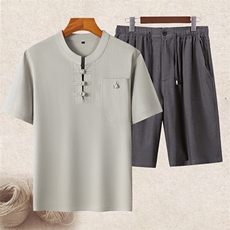 中老年风亚麻盘扣复古短袖T恤短裤套装唐装中年棉麻上衣，男装牛仔裤，钱塘723