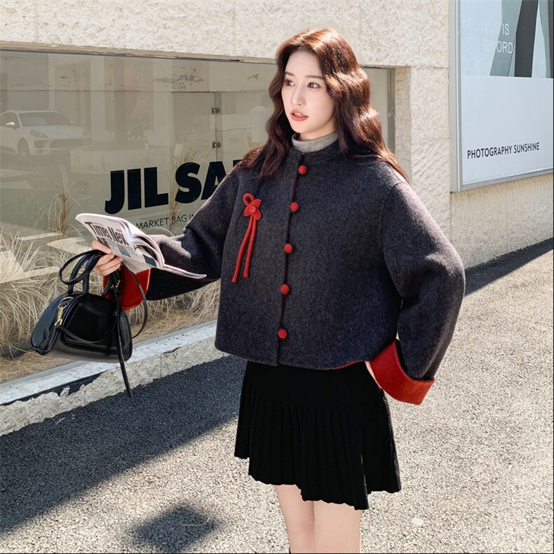 复古撞色短款双面羊绒大衣女秋冬新款高级感时尚小个子毛呢外套潮,女装毛呢外套,浙宝290（原306）