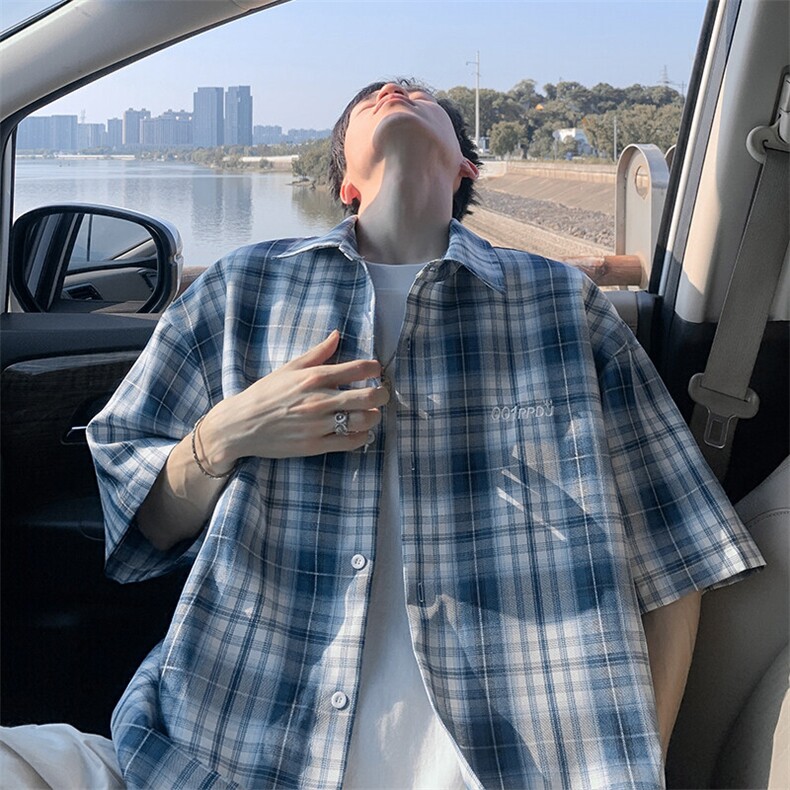 特批P30无差价夏季刺绣格子衬衫男大码休闲短袖衬衫外套CD5512,男装衬衫,电商A001-1