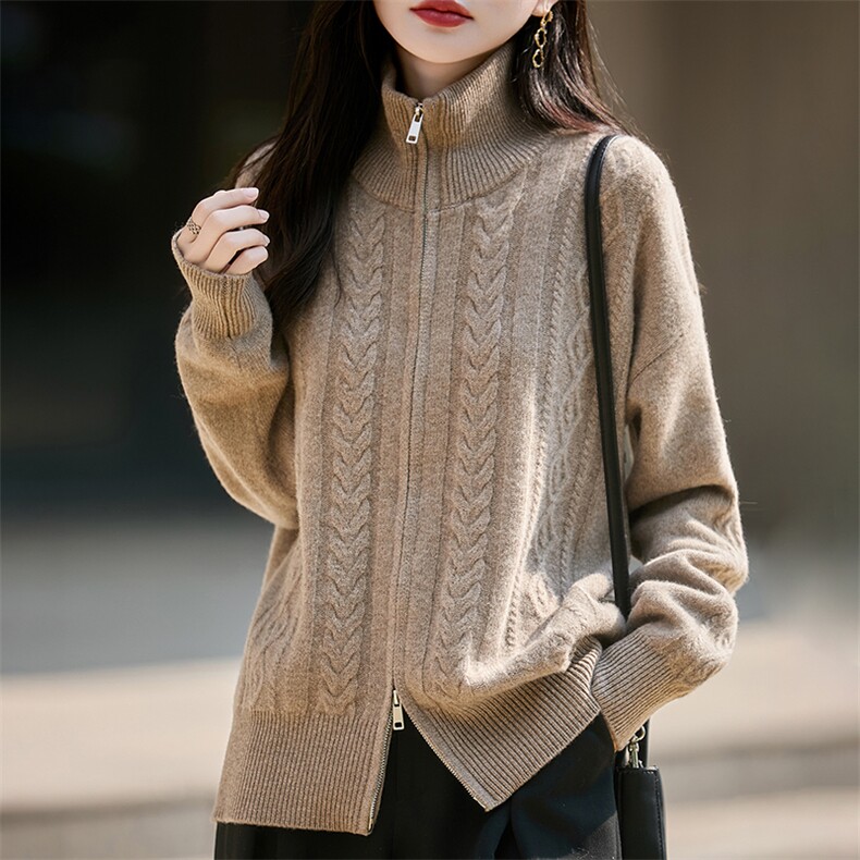 加厚立领复古100%纯羊毛开衫拉链毛衣外套女2025新麻花针织上衣,针织衫/毛衣,朝辰羊绒