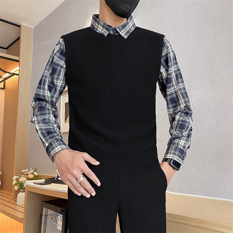秋冬新款男士衬衫格子袖毛衣假二件男冬季打底衫301A-1/M82/P75,男装T恤,星座301A-1