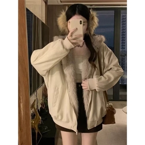 2025冬季美式飞行夹克牛角扣毛领连帽棉服男女宽松派克服外套图片
