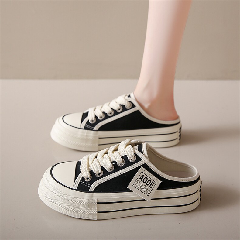 韩版半拖帆布鞋女2024夏季新款百搭学生透气厚底板鞋休闲鞋女，女鞋拖鞋，电商A223
