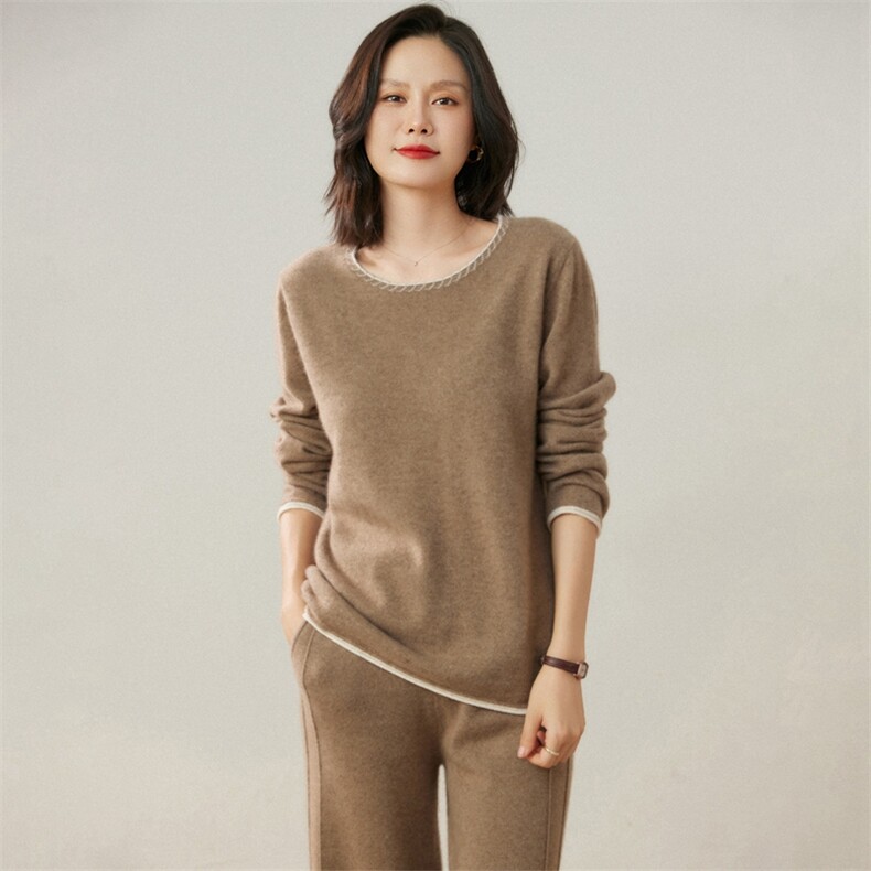 2025年秋季长袖通勤女士撞色圆领羊绒衫,女装羊绒衫,贝美羊绒