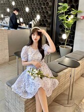 韩系腰带泡泡纱连衣裙，女装连衣裙，雾灵水Lady-Lin