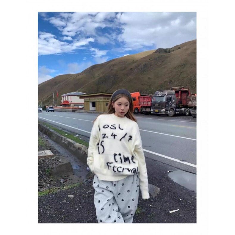 美式复古马海毛字母毛衣女秋冬新款慵懒宽松潮牌针织上衣情侣,男装针织衫/毛衣,四季星座505
