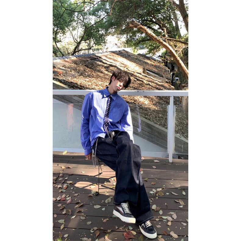 CS001NLL-特P50假两件带领带蓝色格子衬衫男长袖春秋衬衣外套,男装衬衫,星座1007（原301D）