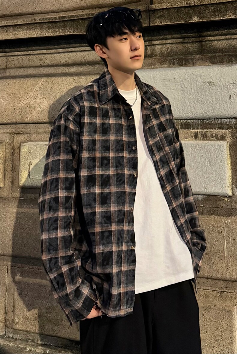 有货（自家图）扎染格子衬衫宽松潮牌痞帅格纹外套CS002-批55控68,男装衬衫,星座218-5