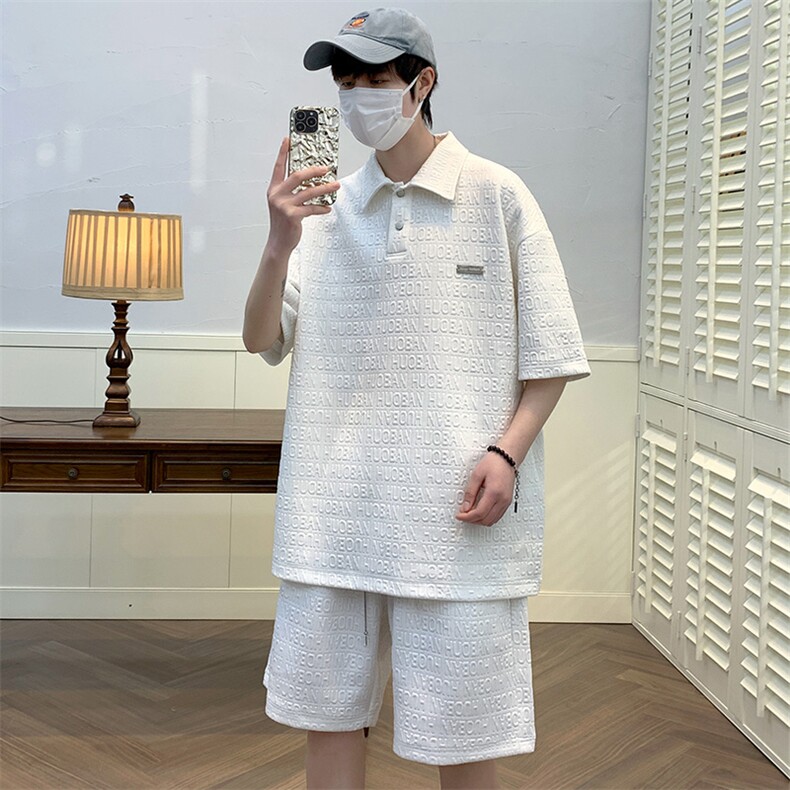 夏款学生立体提花半袖套装运动翻领短裤T恤男女7802-P75控价108,男装T恤,电商A441-1