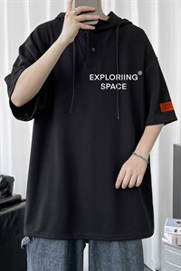 LD54244-P45 NASA连帽短袖t恤男大码胖子带帽五分袖中袖图片