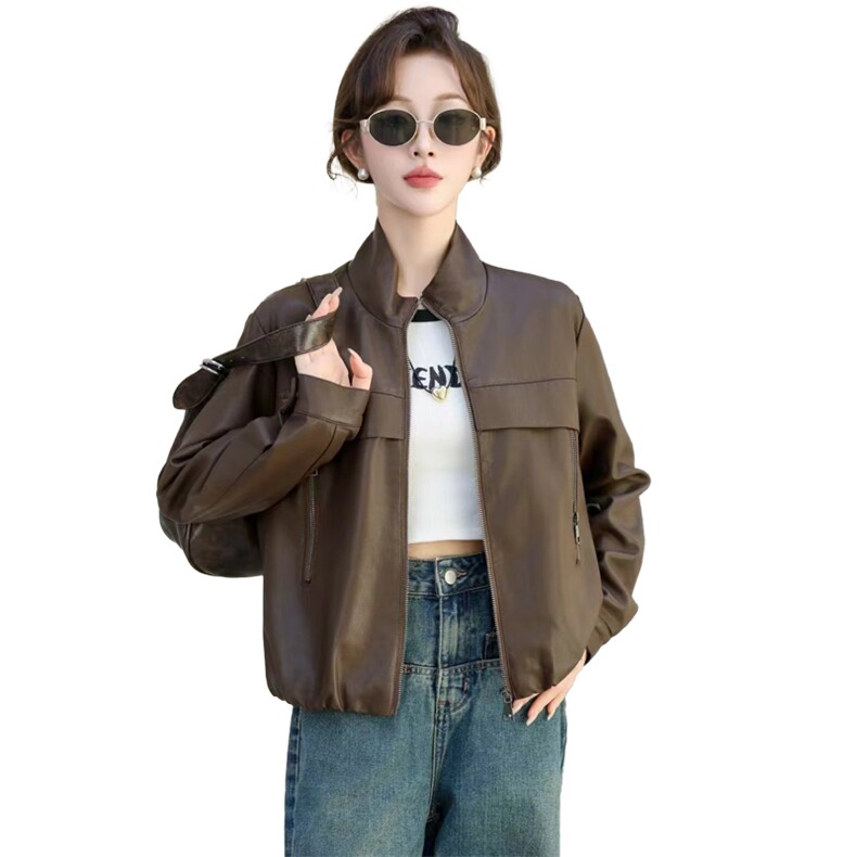 2024春秋款仿绵羊皮中古机车皮夹克立领仿真皮皮衣宽松短款外套女,女装皮衣,美拉德工厂直营店